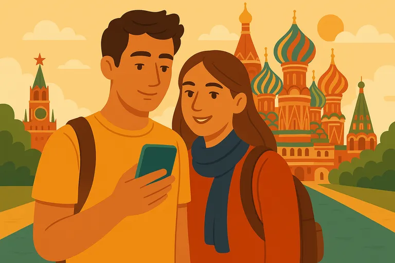 Pareja con cobertura móvil en Rusia gracias a una eSIM.