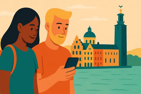 Ilustración de una pareja usando móvil en roaming junto al Ayuntamiento y coloridas fachadas de Estocolmo, representando el roaming en Suecia.