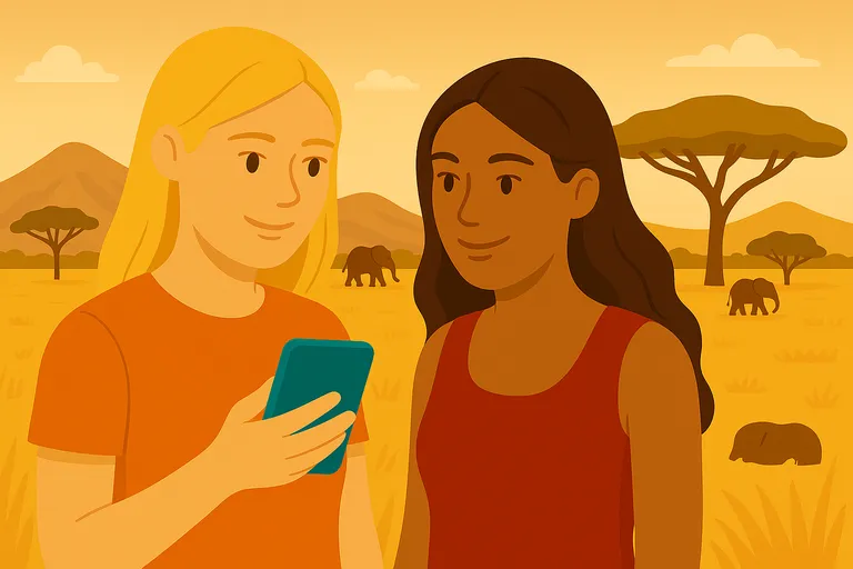 Pareja disfruta de cobertura móvil en Tanzania mientras hace un safari.