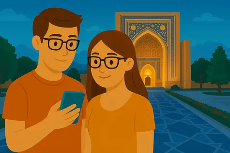 Pareja disfruta de cobertura móvil en Uzbekistán.