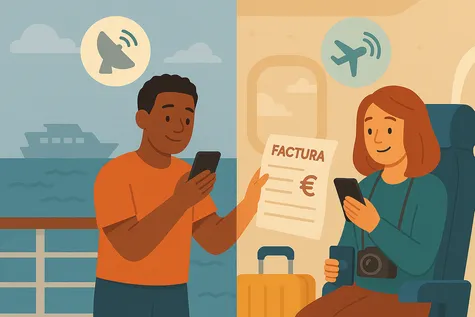 Roaming en crucero y avión pareja usando el móvil y revisando factura durante el viaje
