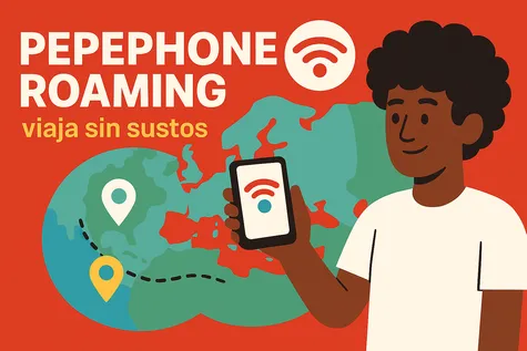 Ilustración plana horizontal 16:9 con fondo rojo Pepephone, texto ‘PEPEPHONE ROAMING’ en blanco y subtítulo ‘viaja sin sustos’ en amarillo. A la derecha, un hombre de piel oscura con cabello afro sosteniendo un smartphone con símbolo de WiFi en pantalla, delante de un mapa simplificado de Europa en verde azulado con marcadores de ubicación y una ruta punteada.