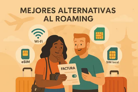 Viajeros valorando WiFi, eSIM y SIM local como mejores alternativas al roaming