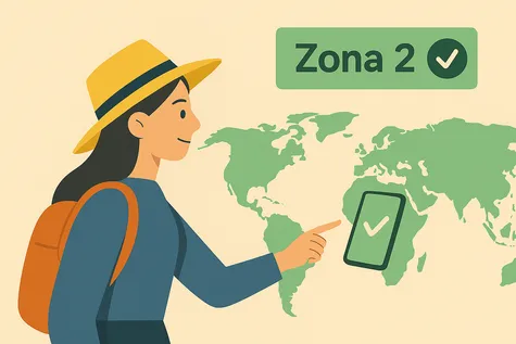 Mujer señalando un mapa del mundo, junto a un móvil con símbolo de verificación, representando la conexión en roaming internacional.
