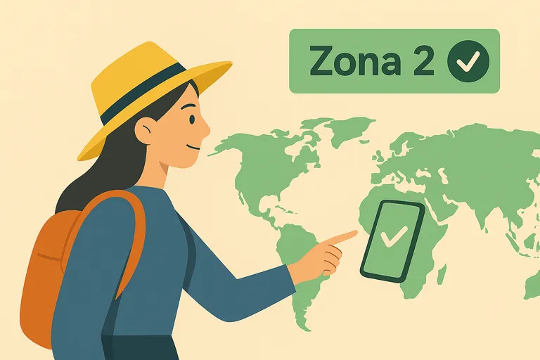 Mujer señalando un mapa del mundo, junto a un móvil con símbolo de verificación, representando la conexión en roaming internacional.