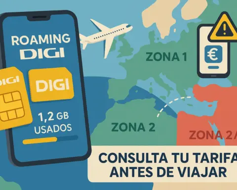 Ilustración digital sobre el roaming de DIGI con un mapa de Europa dividido en zonas.