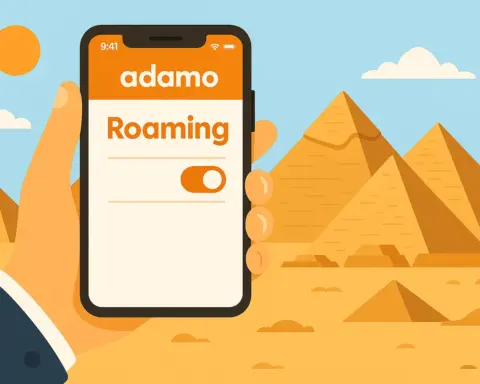 Roaming activado en móvil con red Adamo y fondo de las pirámides de Egipto