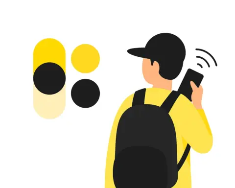 Ilustración de viajero con mochila y móvil conectado, junto a logotipo amarillo y negro sobre fondo blanco, estilo minimalista.