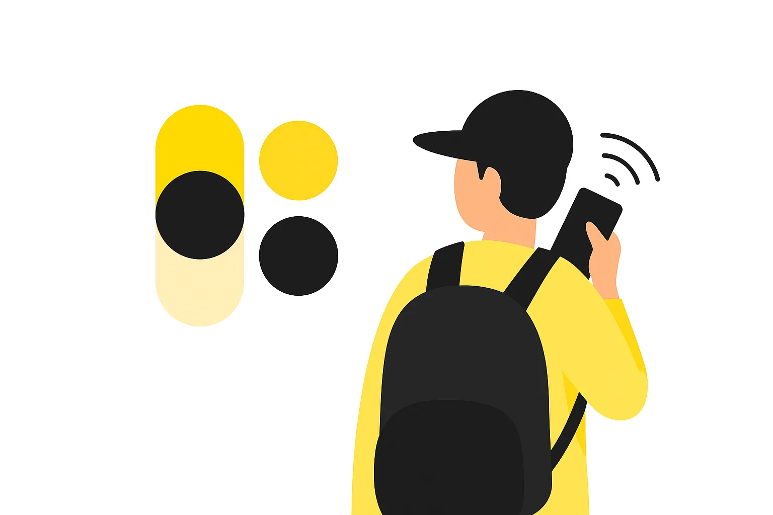 Ilustración de viajero con mochila y móvil conectado, junto a logotipo amarillo y negro sobre fondo blanco, estilo minimalista.