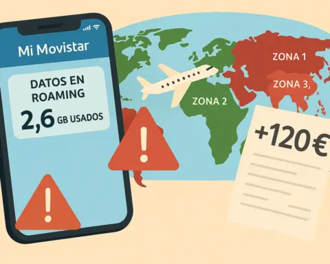 Ilustración digital que muestra un teléfono móvil con una tarifa de Movistar y los datos usados en Roaming junto a un mapa del mundo dividido por las zonas de roaming y una factura con coste de 120€