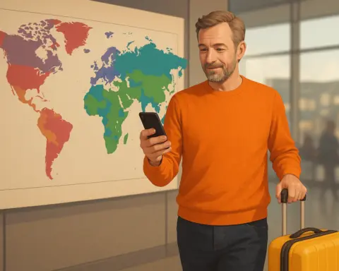 Ilustración digital en estilo plano de una persona consultando su móvil mientras viaja, con elementos visuales que representan conexión de datos, mapas y señal de red móvil, en referencia al roaming internacional con MásMóvil