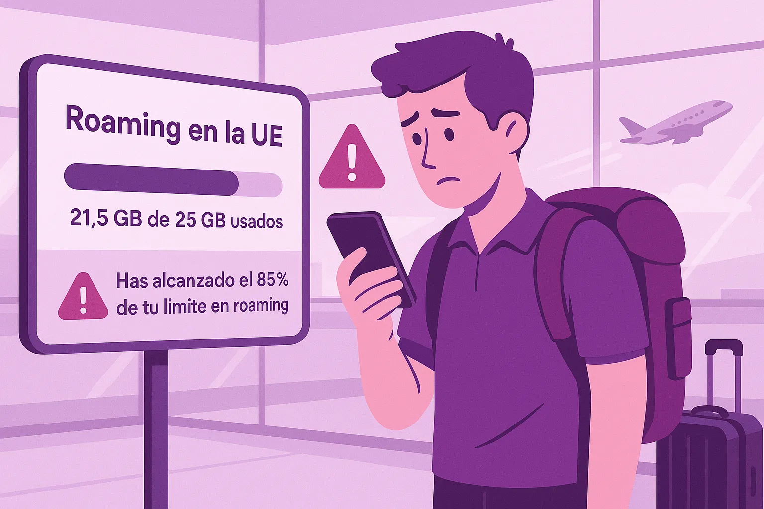 Hombre joven mirando el móvil preocupado antes de viajar y ver que ha consumido casi todos sus datos de roaming de Yoigo disponibles.