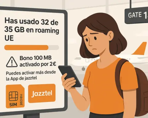 Ilustración digital de una joven preocupada revisando su móvil en un aeropuerto, junto a una pantalla que muestra que ha usado 32 de 35 GB de datos en roaming UE con Jazztel. El mensaje también indica que se ha activado un bono adicional de 100 MB por 2 €, y que se pueden activar más desde la app de Jazztel. De fondo, se ve una puerta de embarque (Gate 14) y un avión en pista.