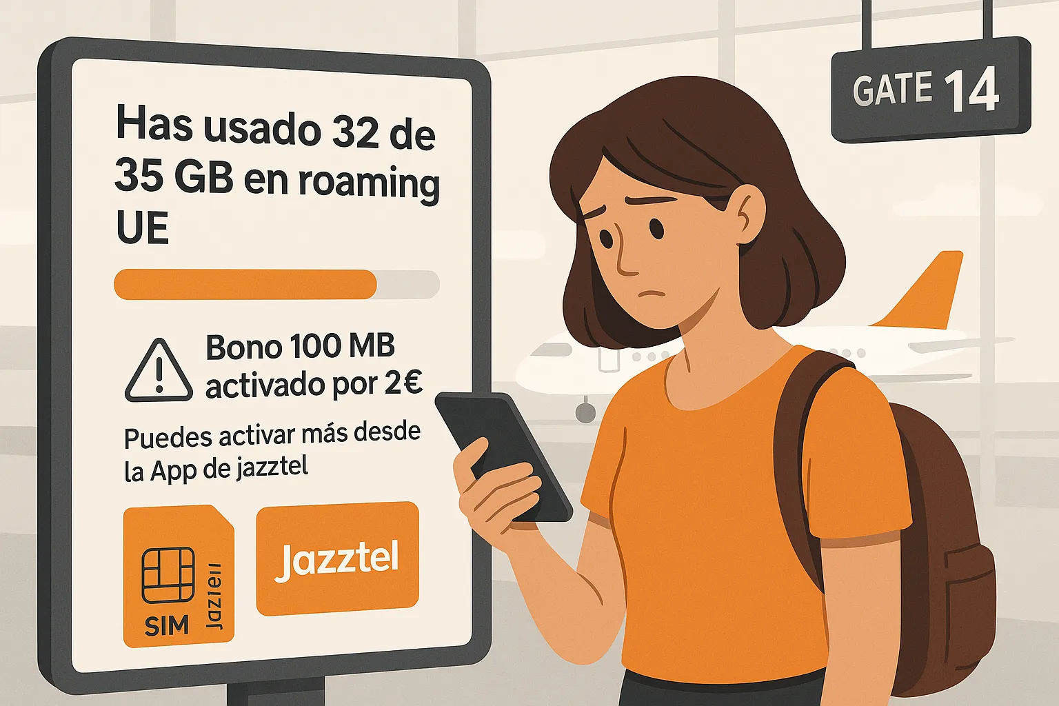 Ilustración digital de una joven preocupada revisando su móvil en un aeropuerto, junto a una pantalla que muestra que ha usado 32 de 35 GB de datos en roaming UE con Jazztel. El mensaje también indica que se ha activado un bono adicional de 100 MB por 2 €, y que se pueden activar más desde la app de Jazztel. De fondo, se ve una puerta de embarque (Gate 14) y un avión en pista.