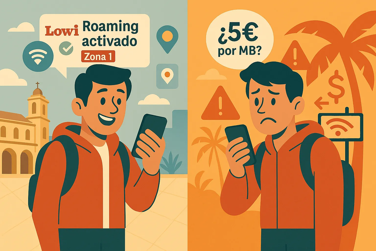 Ilustración que muestra las dos situaciones posibles derivadas de la activación del servicio de roaming de Lowi.