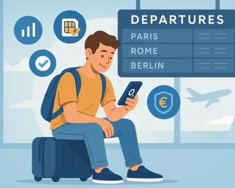 Joven sentado en una maleta en un aeropuerto revisando su móvil con iconos de roaming y destinos internacionales en el fondo