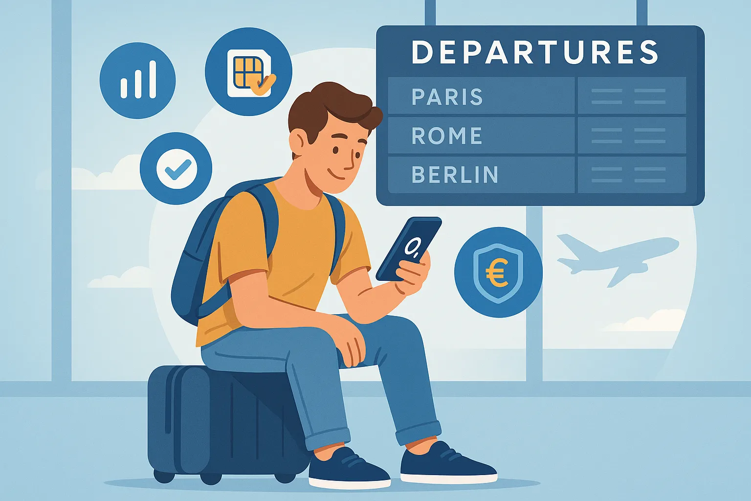 Joven sentado en una maleta en un aeropuerto revisando su móvil con iconos de roaming y destinos internacionales en el fondo