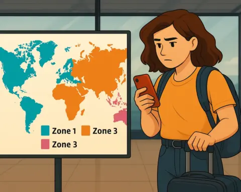 Ilustración digital en estilo plano que muestra a una persona joven usando el móvil en el extranjero con señal de red, iconos de conexión y elementos que evocan viaje y conectividad con Vodafone