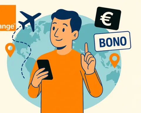 Ilustración digital en formato horizontal que muestra a un hombre joven consultando su móvil reflejando el contexto de roaming internacional con Orange. Estilo plano y colores vivos.