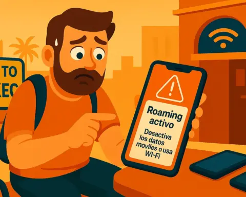 Ilustración digital en tonos cálidos de un turista preocupado mirando su móvil, que muestra una alerta de "Roaming activo". Está sentado en una terraza en Marrakech, con un cartel parcialmente visible que dice "Welcome to Marrakech", y un símbolo de Wi-Fi en una pared cercana. El mensaje en pantalla aconseja desactivar los datos móviles o usar Wi-Fi. La escena representa el impacto del roaming internacional al viajar