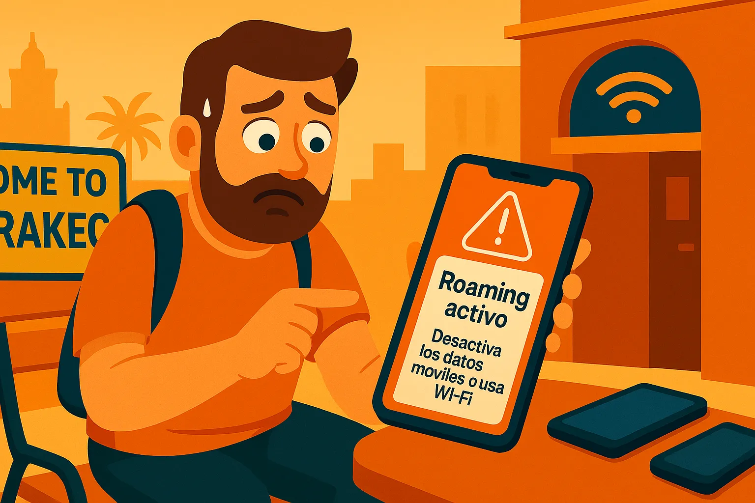 Ilustración digital en tonos cálidos de un turista preocupado mirando su móvil, que muestra una alerta de "Roaming activo". Está sentado en una terraza en Marrakech, con un cartel parcialmente visible que dice "Welcome to Marrakech", y un símbolo de Wi-Fi en una pared cercana. El mensaje en pantalla aconseja desactivar los datos móviles o usar Wi-Fi. La escena representa el impacto del roaming internacional al viajar