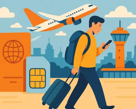 Un hombre mira el teléfono mientras sale del aeropuerto y se conecta a un roaming barato para viajeros frecuentes