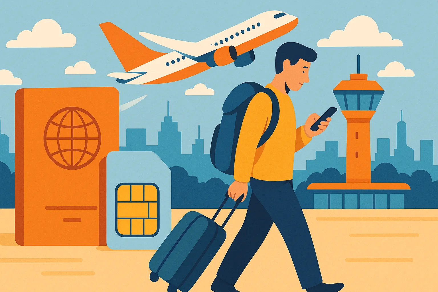 Un hombre mira el teléfono mientras sale del aeropuerto y se conecta a un roaming barato para viajeros frecuentes