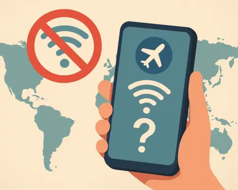 Ilustración de mano con móvil mostrando íconos de avión y conexión dudosa, con un símbolo de Wi-Fi tachado sobre un mapa del mundo.