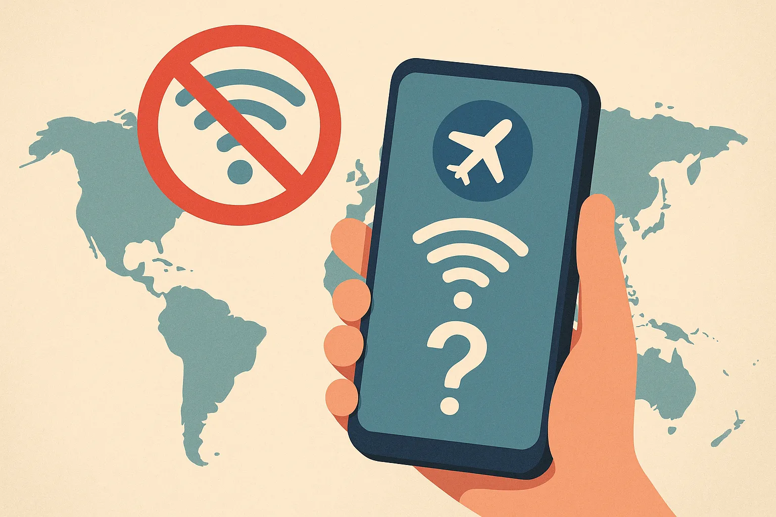 Ilustración de mano con móvil mostrando íconos de avión y conexión dudosa, con un símbolo de Wi-Fi tachado sobre un mapa del mundo.