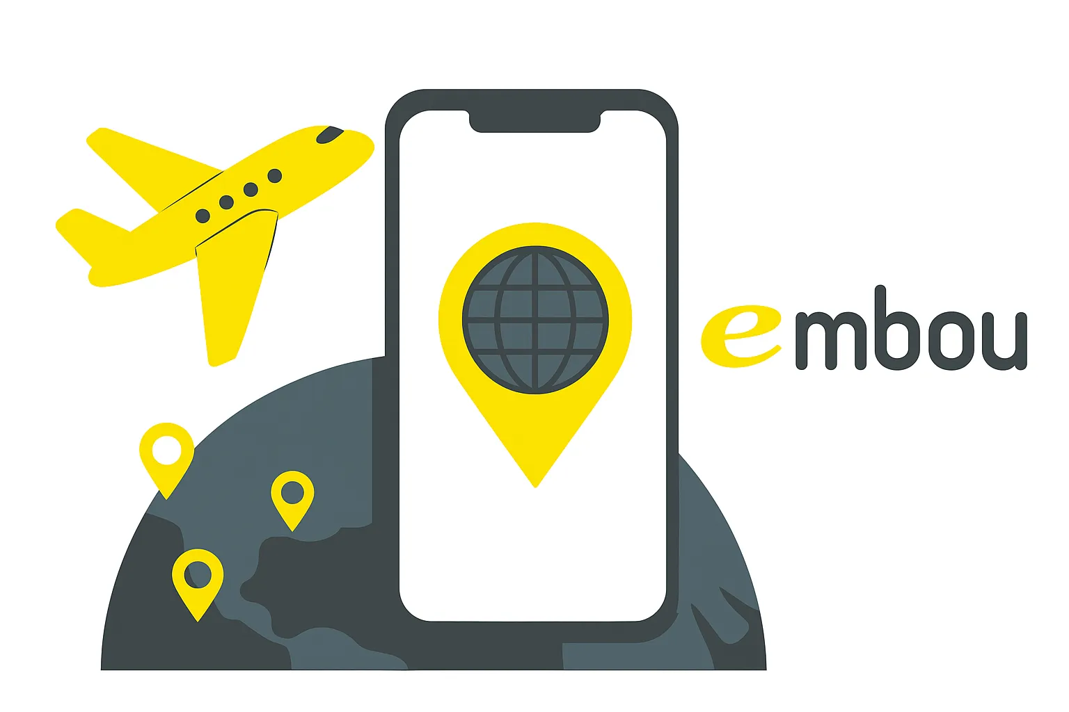 Ilustración del logo de Embou con un móvil, un avión y marcadores sobre un mapa, simbolizando el servicio de roaming internacional.