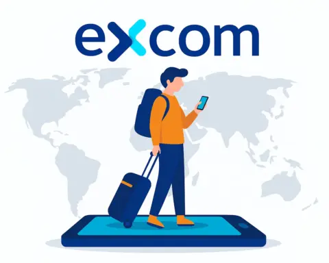Ilustración del logo de Excom con viajero usando el móvil sobre un smartphone gigante, frente a un mapa del mundo, simbolizando el roaming global.