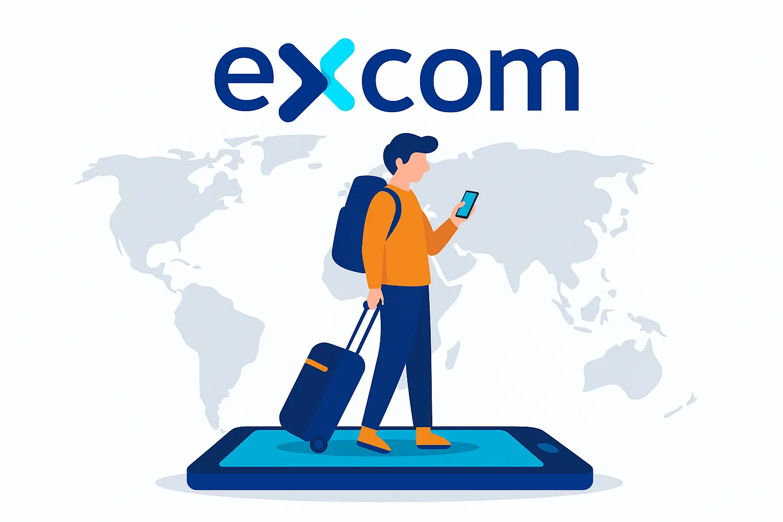 Ilustración del logo de Excom con viajero usando el móvil sobre un smartphone gigante, frente a un mapa del mundo, simbolizando el roaming global.