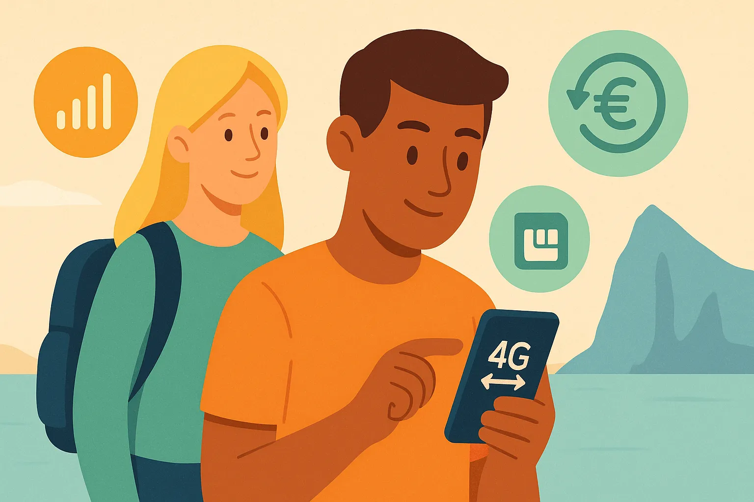 Pareja de viajeros mirando su smartphone, con el Peñón de Gibraltar al fondo y símbolos de señal, SIM y ahorro.