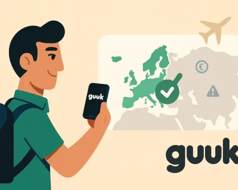Hombre con mochila consultando su móvil con el logo de Guuk, frente a un mapa de Europa con check verde.
