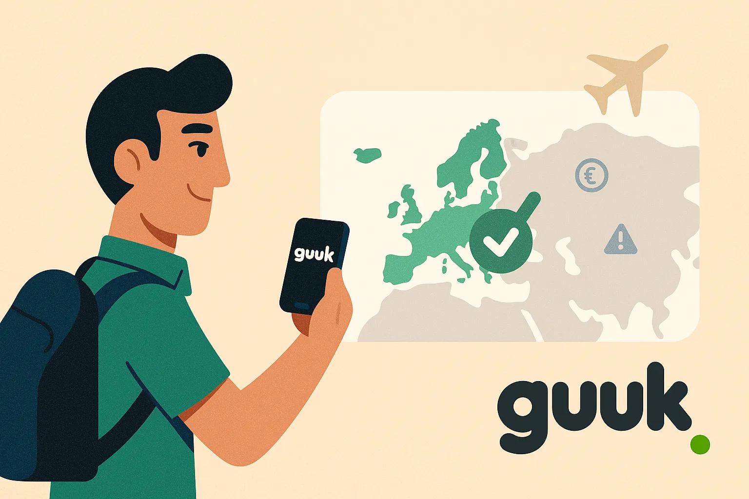 Hombre con mochila consultando su móvil con el logo de Guuk, frente a un mapa de Europa con check verde.