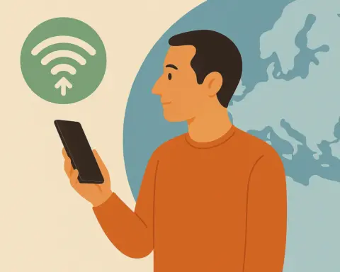 Hombre consultando su móvil frente a un mapa de Europa y símbolo de conexión