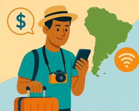 Hombre mirando su móvil frente a mapa de Sudamérica y símbolos de roaming