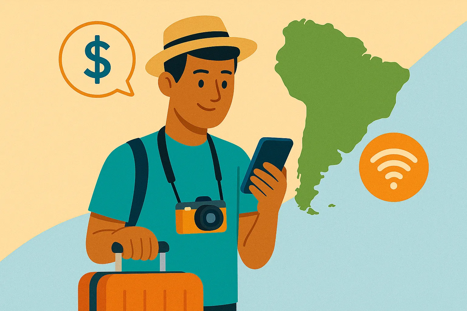 Hombre mirando su móvil frente a mapa de Sudamérica y símbolos de roaming