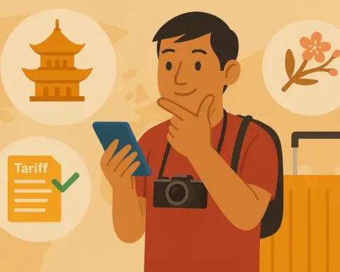 Hombre revisando tarifas móviles para viajar por Asia con elementos culturales de fondo