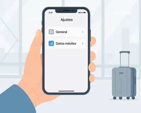 Pantalla de iPhone mostrando ajustes de datos móviles en un aeropuerto
