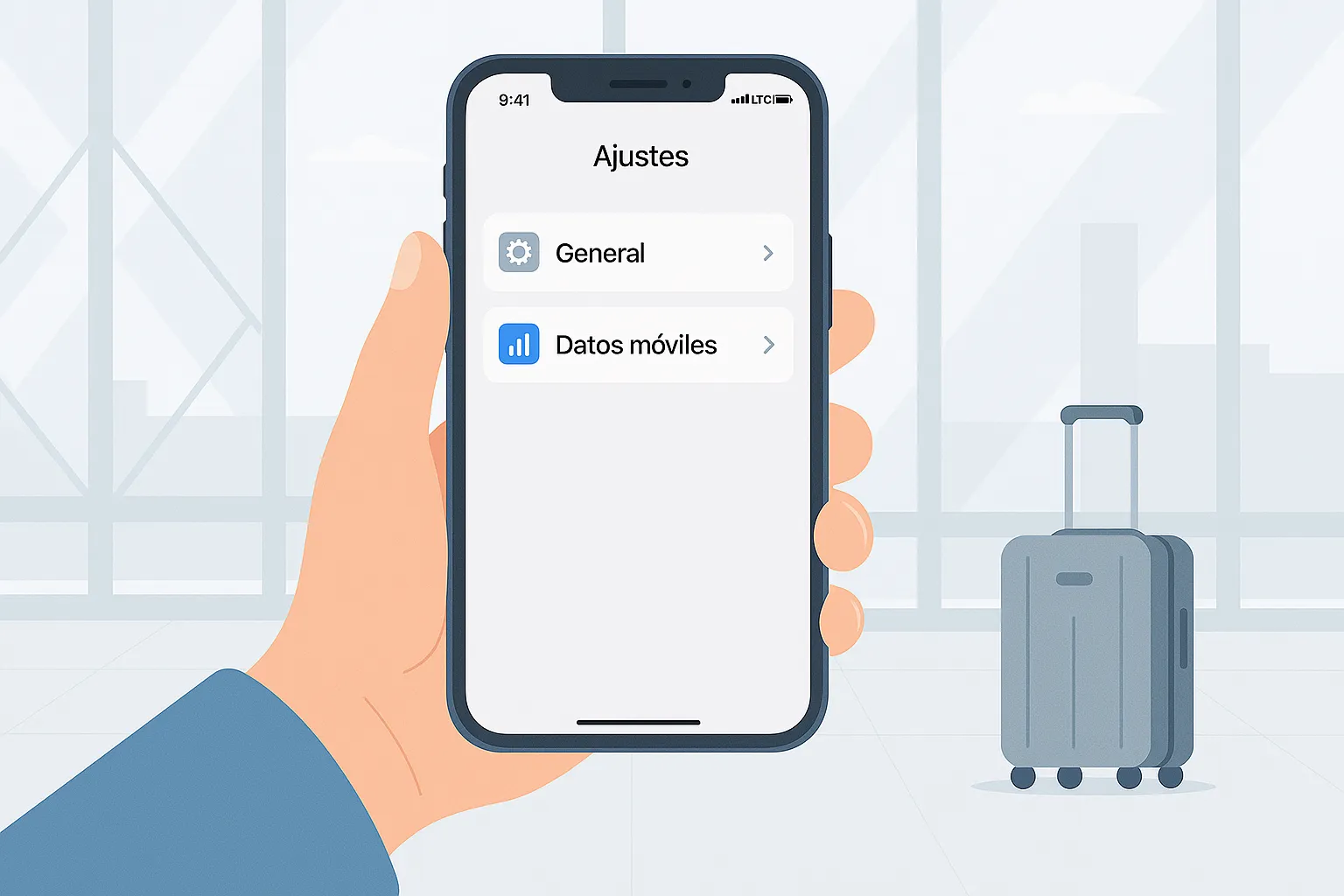 Pantalla de iPhone mostrando ajustes de datos móviles en un aeropuerto