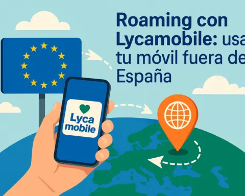 Mano sosteniendo un móvil con el logo de Lycamobile frente a un cartel de la Unión Europea y un mapa, con el texto "Roaming con Lycamobile: usa tu móvil fuera de España".