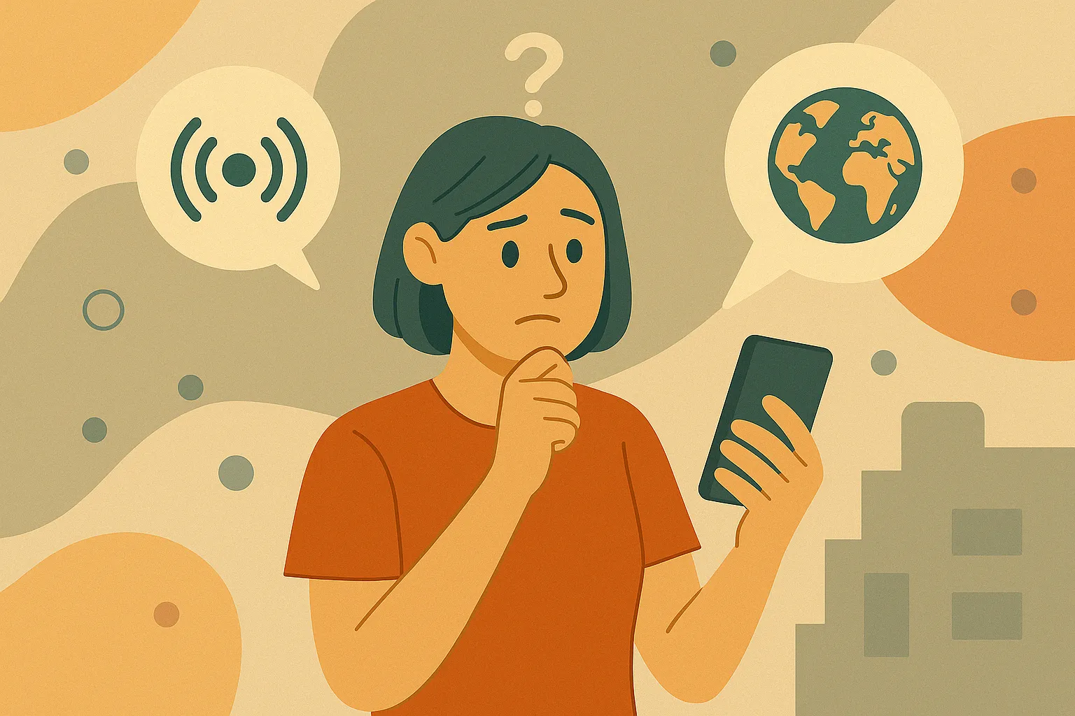 Mujer mirando su móvil con duda sobre qué es el roaming y cómo funciona