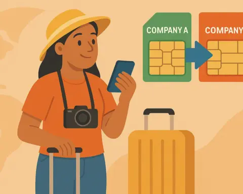 Mujer viajera cambiando de operador móvil antes de irse de viaje y con necesidad de roaming.png