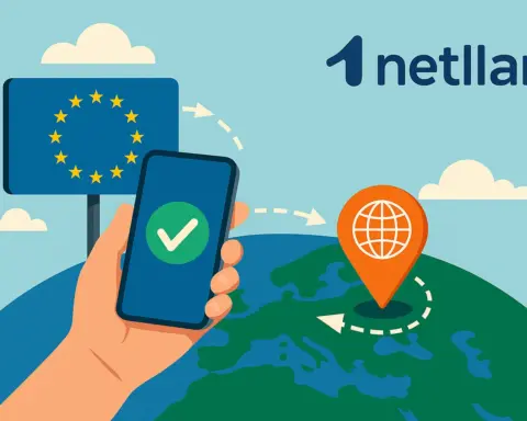 Mano sosteniendo un móvil con una señal de verificación sobre un mapa de Europa, representando la conectividad internacional de Netllar.