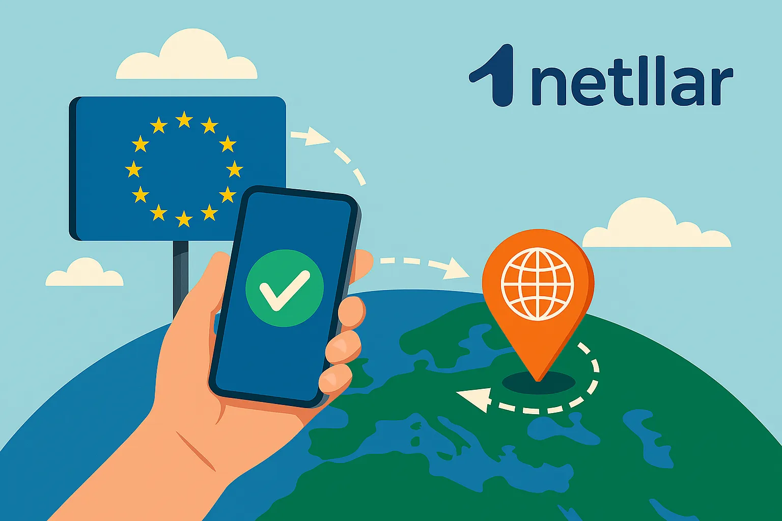 Mano sosteniendo un móvil con una señal de verificación sobre un mapa de Europa, representando la conectividad internacional de Netllar.