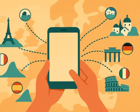 Mapa con rutas punteadas hacia varios monumentos representativos de distintos países europeos, simbolizando los países europeos con roaming gratis.