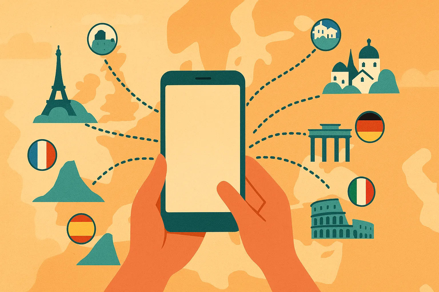 Mapa con rutas punteadas hacia varios monumentos representativos de distintos países europeos, simbolizando los países europeos con roaming gratis.