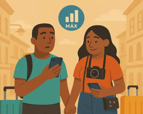 Pareja consultando cobertura móvil con roaming mientras pasean por una ciudad europea