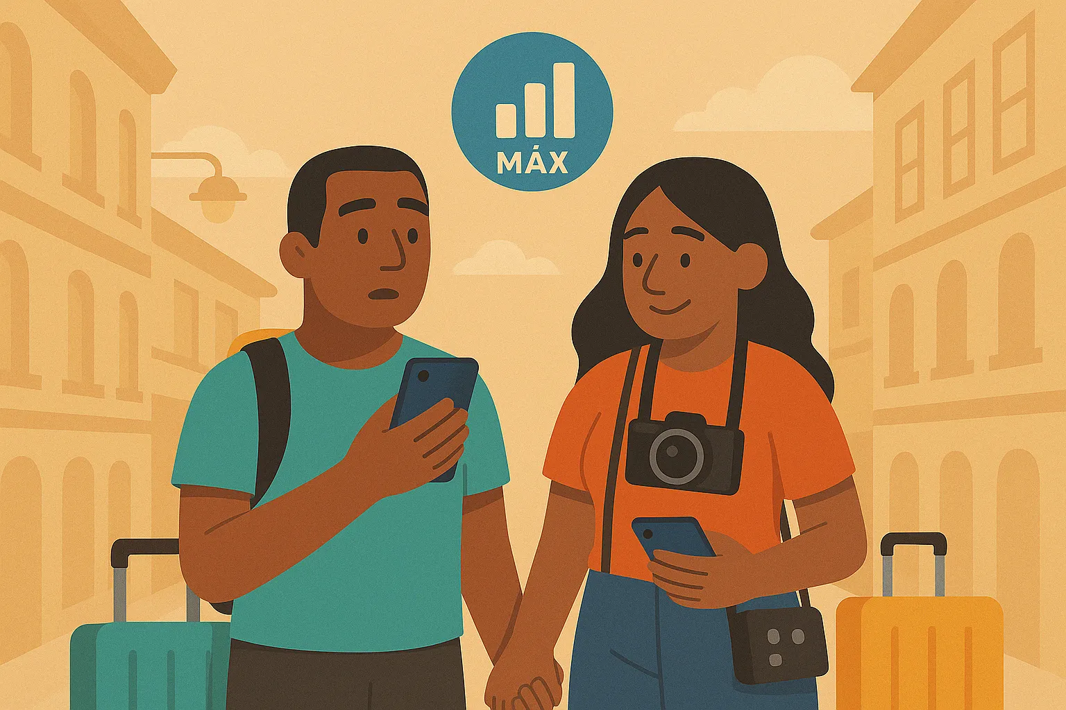 Pareja consultando cobertura móvil con roaming mientras pasean por una ciudad europea